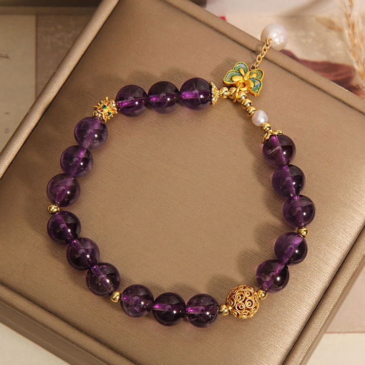 Buddha Stones Natural Amethyst Amber Green Butterfly Healing Bracelet - image 4