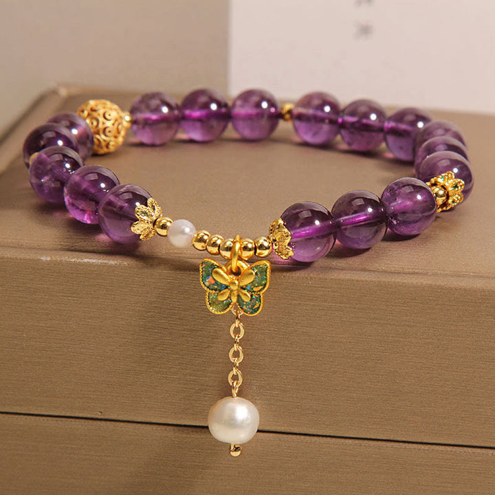 Buddha Stones Natural Amethyst Amber Green Butterfly Healing Bracelet - image 6