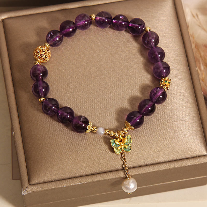 Buddha Stones Natural Amethyst Amber Green Butterfly Healing Bracelet - image 2