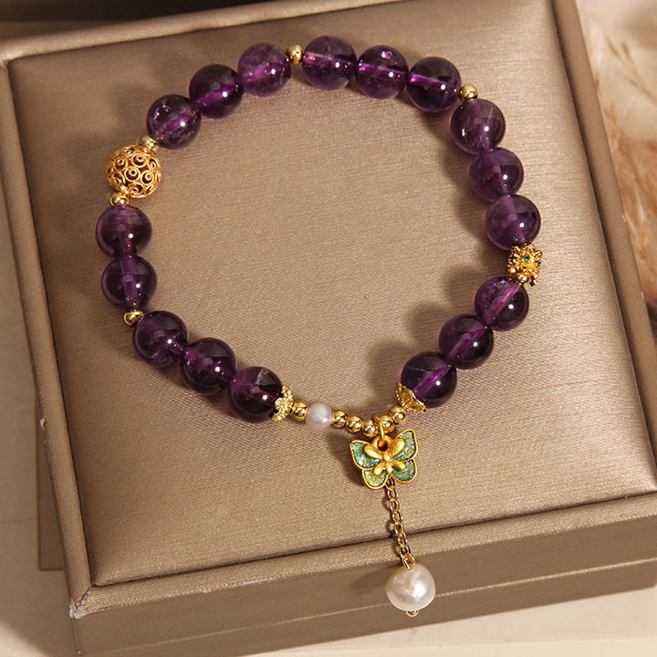 Buddha Stones Natural Amethyst Amber Green Butterfly Healing Bracelet - image 2