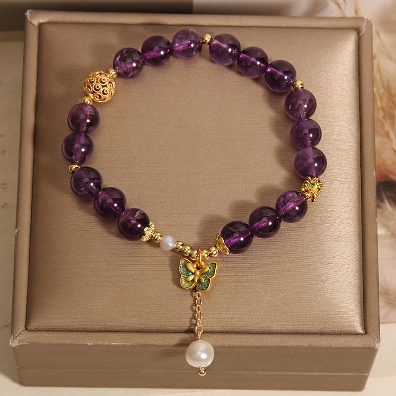 Buddha Stones Natural Amethyst Amber Green Butterfly Healing Bracelet - image 7