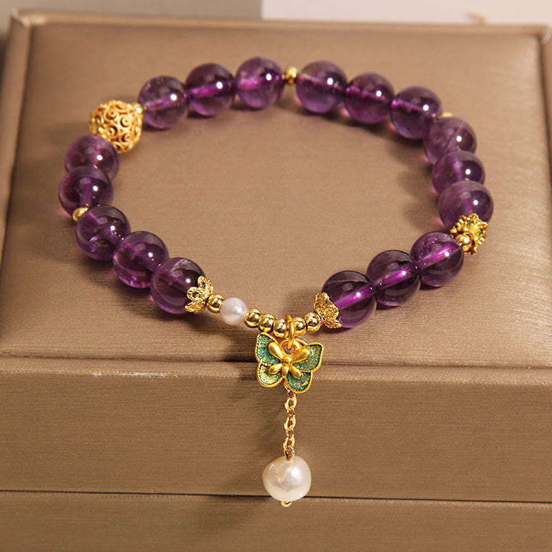 Buddha Stones Natural Amethyst Amber Green Butterfly Healing Bracelet - image 1