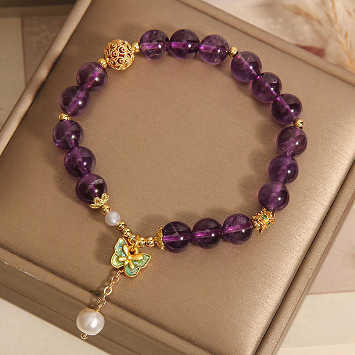 Buddha Stones Natural Amethyst Amber Green Butterfly Healing Bracelet - image 3