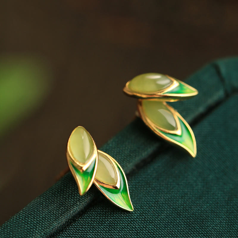 Buddha Stones 925 Sterling Silver Jade Leaf Prosperity Earrings  - Hetian Jade(925 Sterling Silver  Posts) - image 0