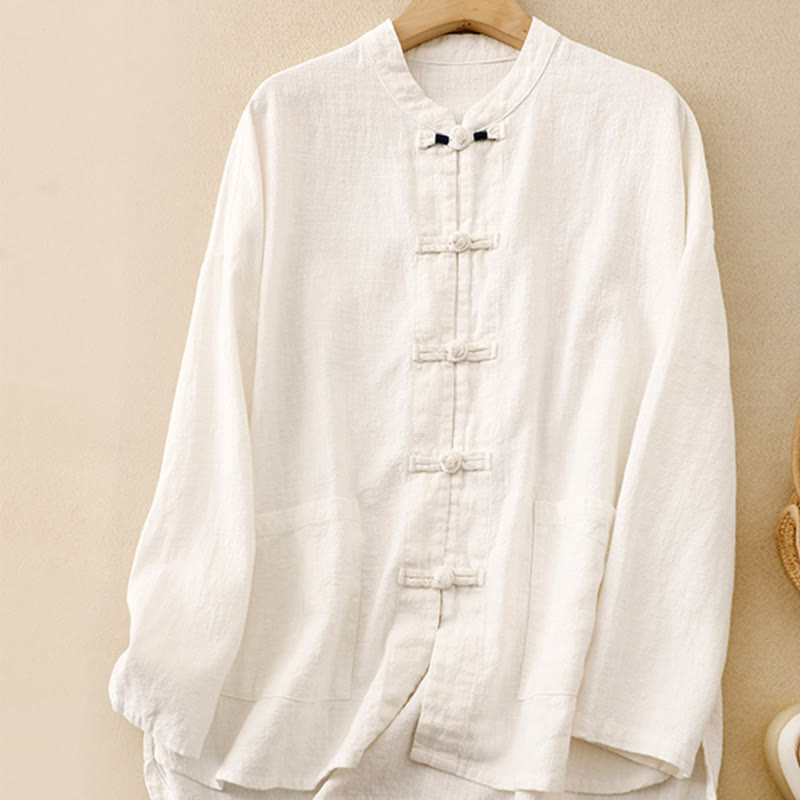 Buddha Stones Literary Artistic Chinese Knot Button Casual Clothing - White - US8-10，UK/AU12-14，EU40-42 (2XL) - image 19