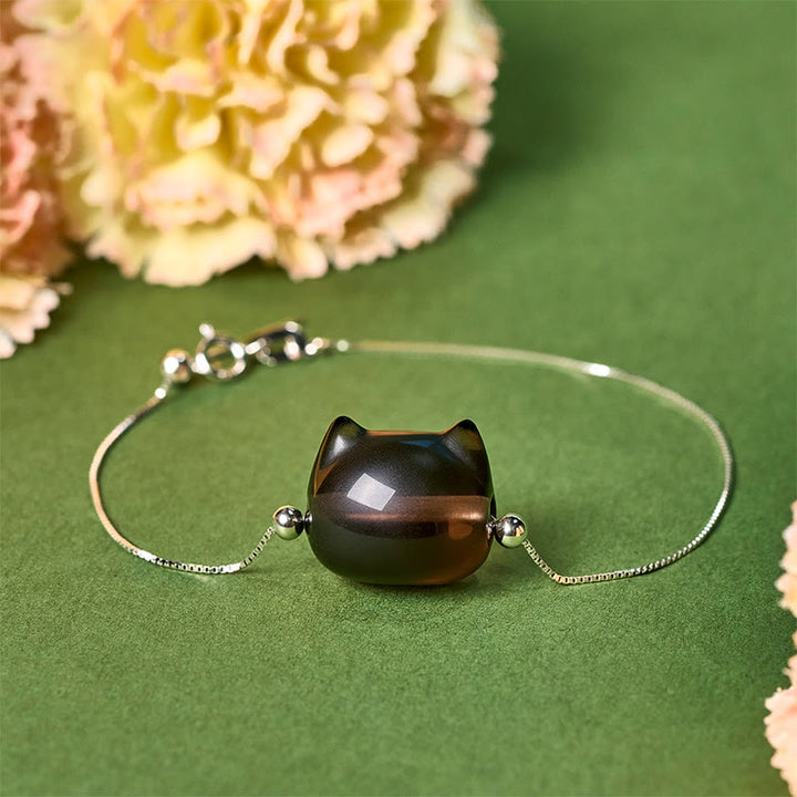 Buddha Stones 925 Sterling Silver Cat Natural Ice Obsidian Positive Bracelet - 18-22cm - image 0
