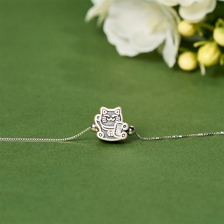 Buddha Stones 999 Sterling Silver Fortune Cat 925 Sterling Silver Chain Protection Bracelet - image 1