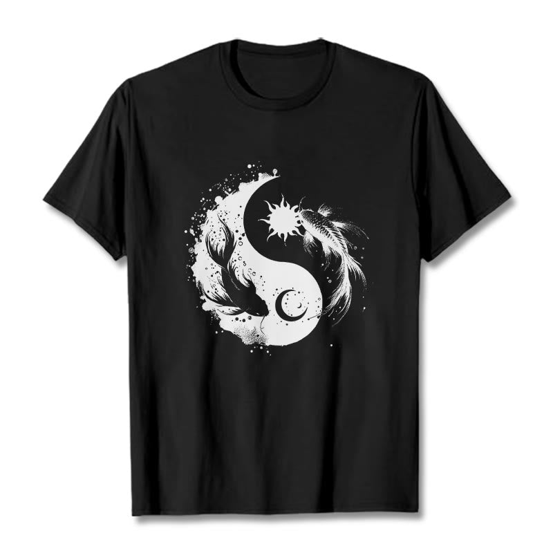 Buddha Stonessun And Moon Yin Yang Koi Pattern Tee T-shirt - Black - 2XL - image 4