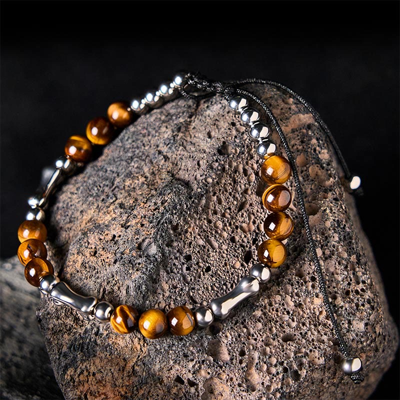 Buddha Stones Cute Bone Pattern Tiger Eye Courage Beads Bracelet - Tiger Eye & Titanium Steel(Wrist Circumference: 15-21cm) - image 0