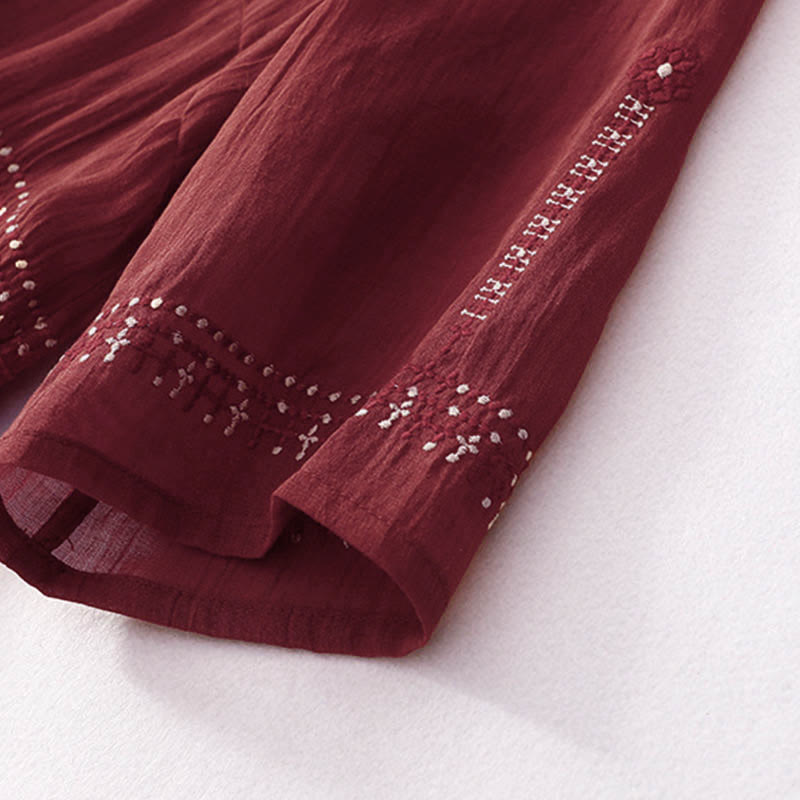 Buddha Stones Solid Color Embroidery Short Sleeve Cotton Midi Dress - image 22