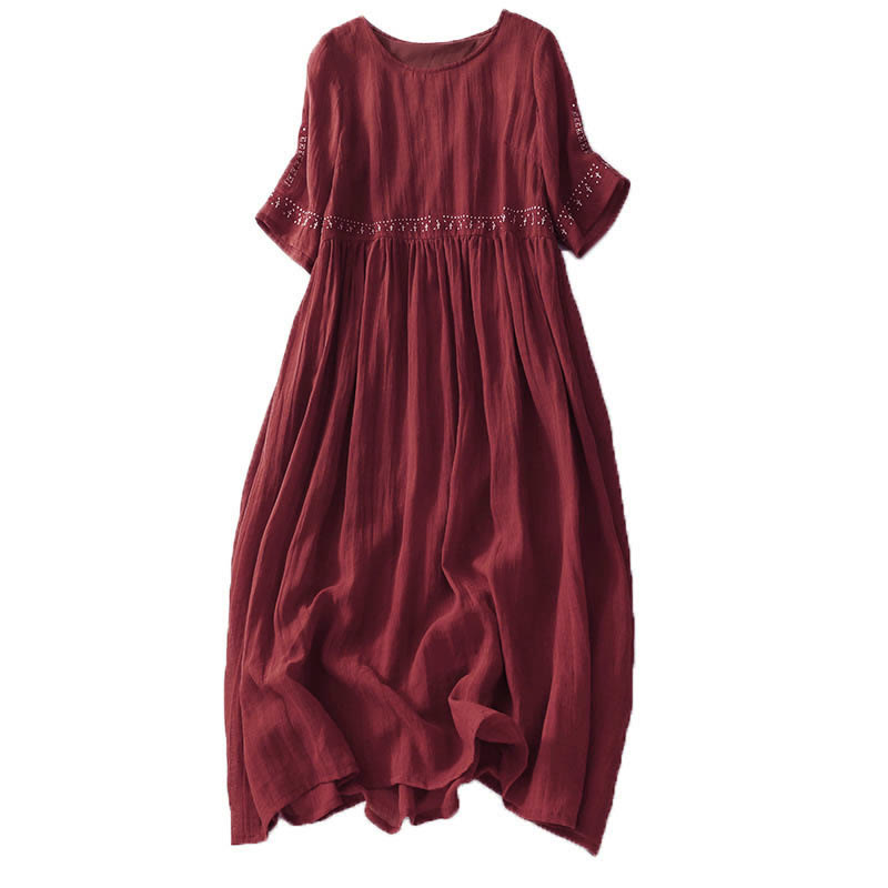 Buddha Stones Solid Color Embroidery Short Sleeve Cotton Midi Dress - image 24