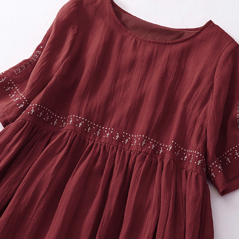 Buddha Stones Solid Color Embroidery Short Sleeve Cotton Midi Dress - image 27