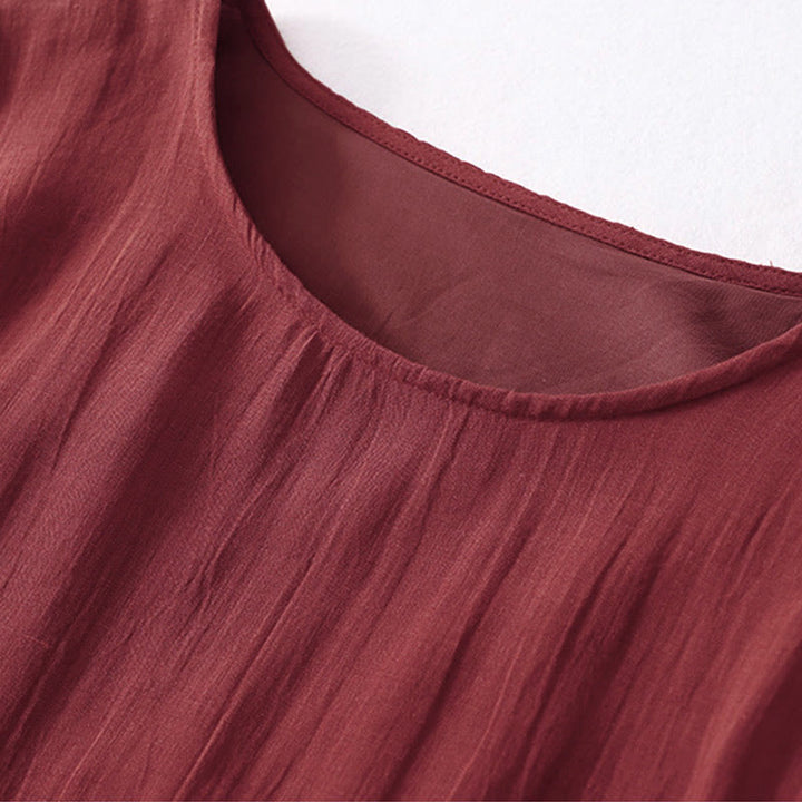 Buddha Stones Solid Color Embroidery Short Sleeve Cotton Midi Dress - image 18