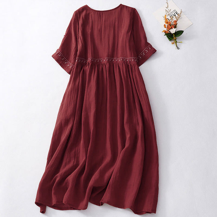 Buddha Stones Solid Color Embroidery Short Sleeve Cotton Midi Dress - image 17