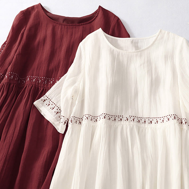 Buddha Stones Solid Color Embroidery Short Sleeve Cotton Midi Dress - image 19
