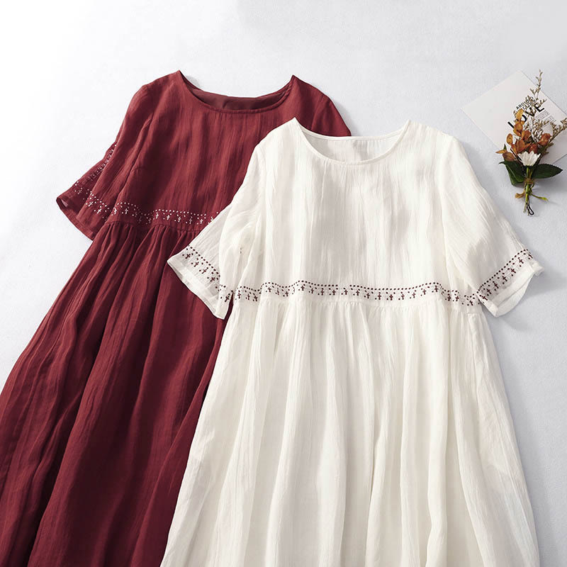 Buddha Stones Solid Color Embroidery Short Sleeve Cotton Midi Dress - image 25