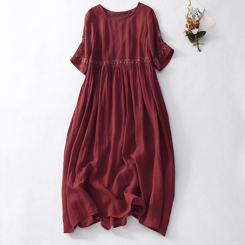 Buddha Stones Solid Color Embroidery Short Sleeve Cotton Midi Dress - FireBrick - US12，UK/AU16，EU44 (2XL) - image 16
