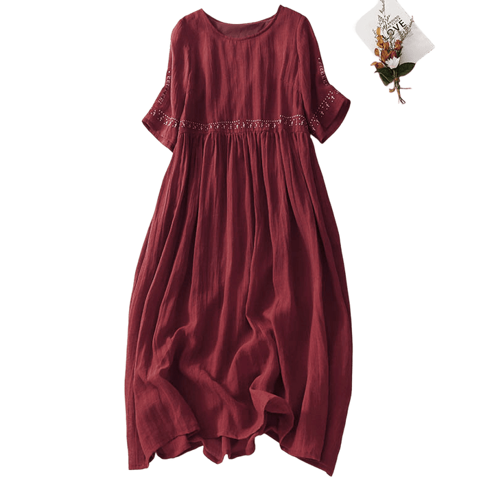 Buddha Stones Solid Color Embroidery Short Sleeve Cotton Midi Dress - image 20