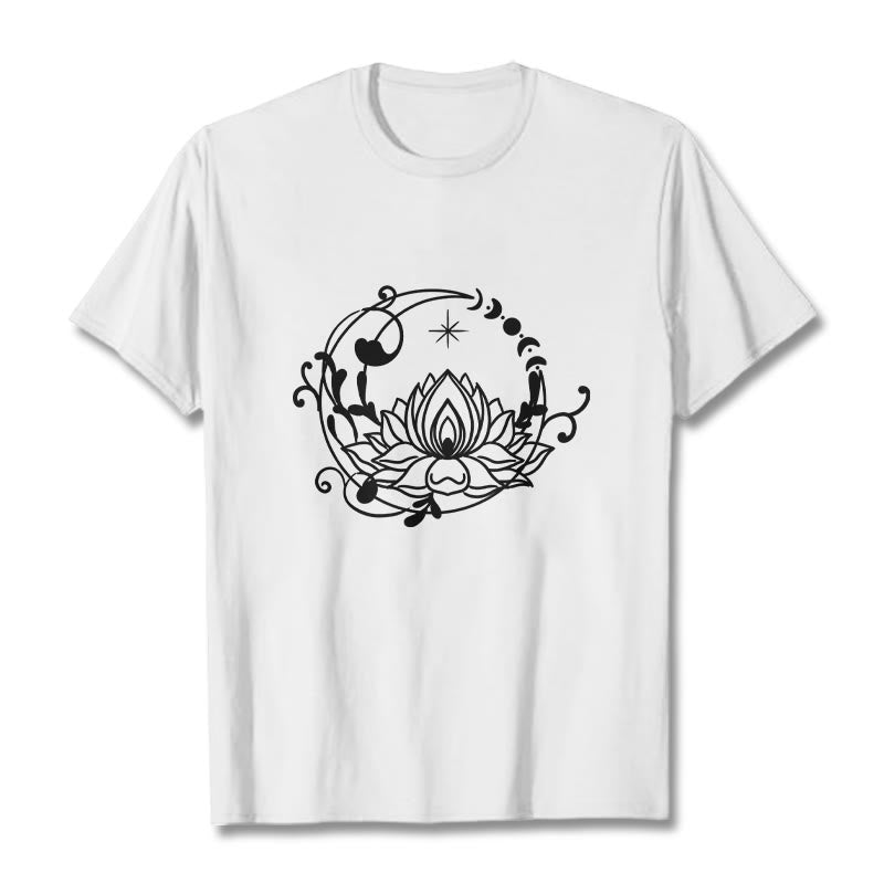 Buddha Stones Simple Design Lotus Flower Moon Flowing Vines Pattern Cotton Tee T-shirt - White - 2XL - image 0