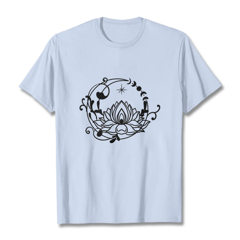 Buddha Stones Simple Design Lotus Flower Moon Flowing Vines Pattern Cotton Tee T-shirt - LightCyan - 2XL - image 18