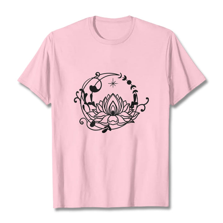 Buddha Stones Simple Design Lotus Flower Moon Flowing Vines Pattern Cotton Tee T-shirt - LightPink - 2XL - image 12