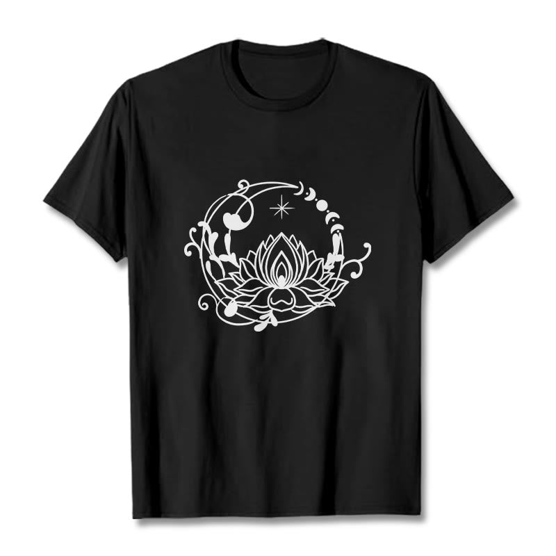 Buddha Stones Simple Design Lotus Flower Moon Flowing Vines Pattern Cotton Tee T-shirt - Black - 2XL - image 4