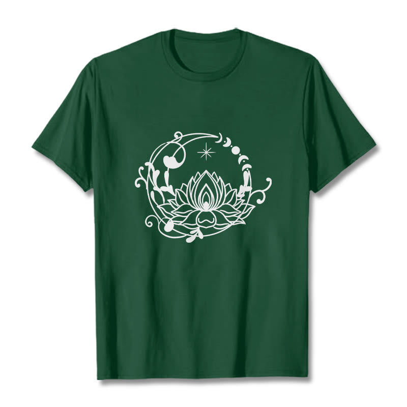 Buddha Stones Simple Design Lotus Flower Moon Flowing Vines Pattern Cotton Tee T-shirt - ForestGreen - 2XL - image 10