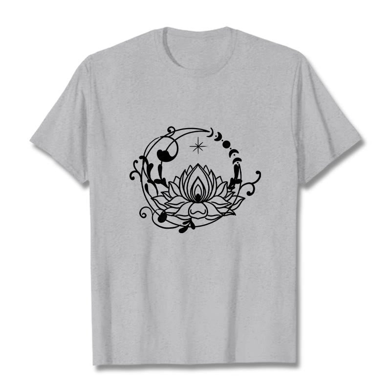 Buddha Stones Simple Design Lotus Flower Moon Flowing Vines Pattern Cotton Tee T-shirt - LightGrey - 2XL - image 19