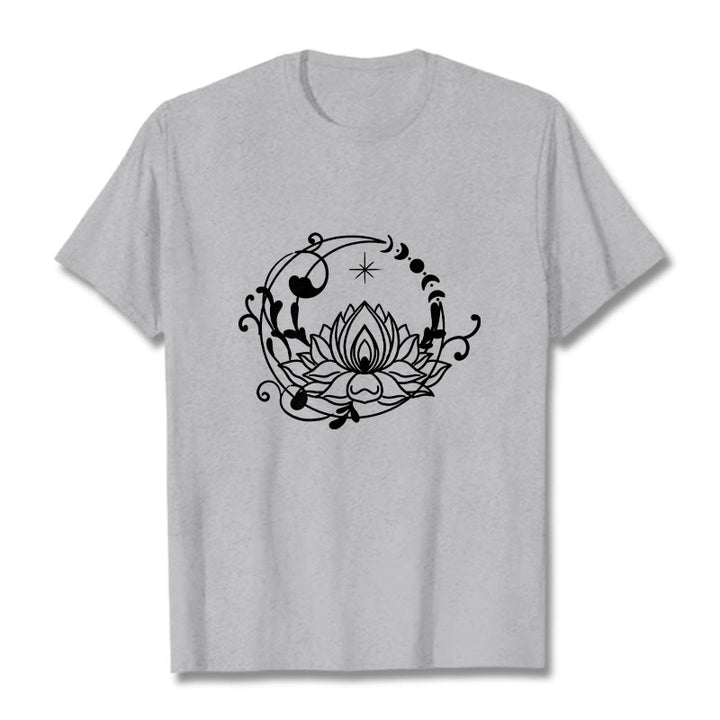Buddha Stones Simple Design Lotus Flower Moon Flowing Vines Pattern Cotton Tee T-shirt - LightGrey - 2XL - image 19