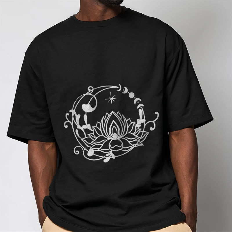 Buddha Stones Simple Design Lotus Flower Moon Flowing Vines Pattern Cotton Tee T-shirt - image 5