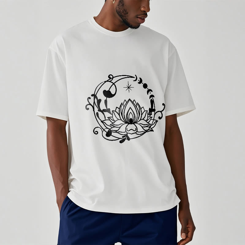 Buddha Stones Simple Design Lotus Flower Moon Flowing Vines Pattern Cotton Tee T-shirt - image 1