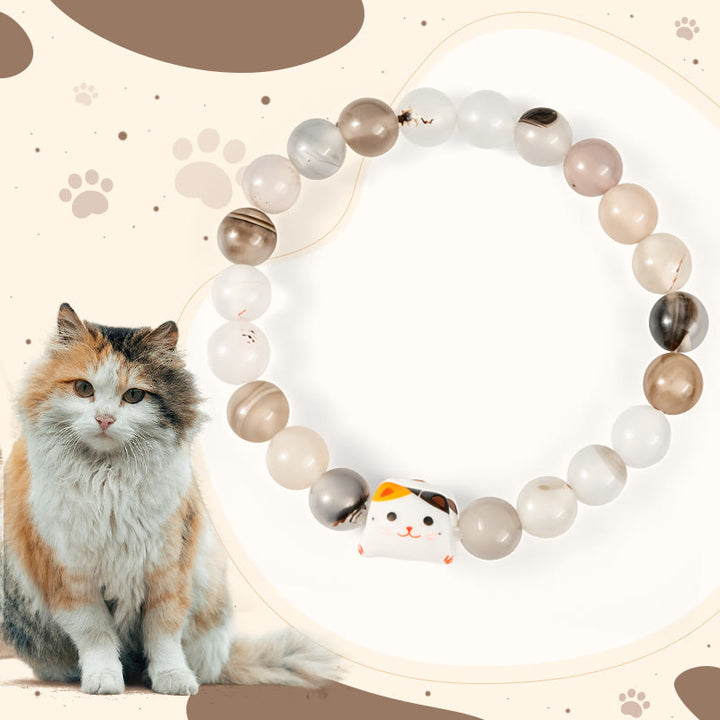 Buddha Stones Calico Cat Natural Agate Stone Ceramic Kitten Head Power Bracelet - Calico Cat(Wrist Circumference 15-16cm) - image 0