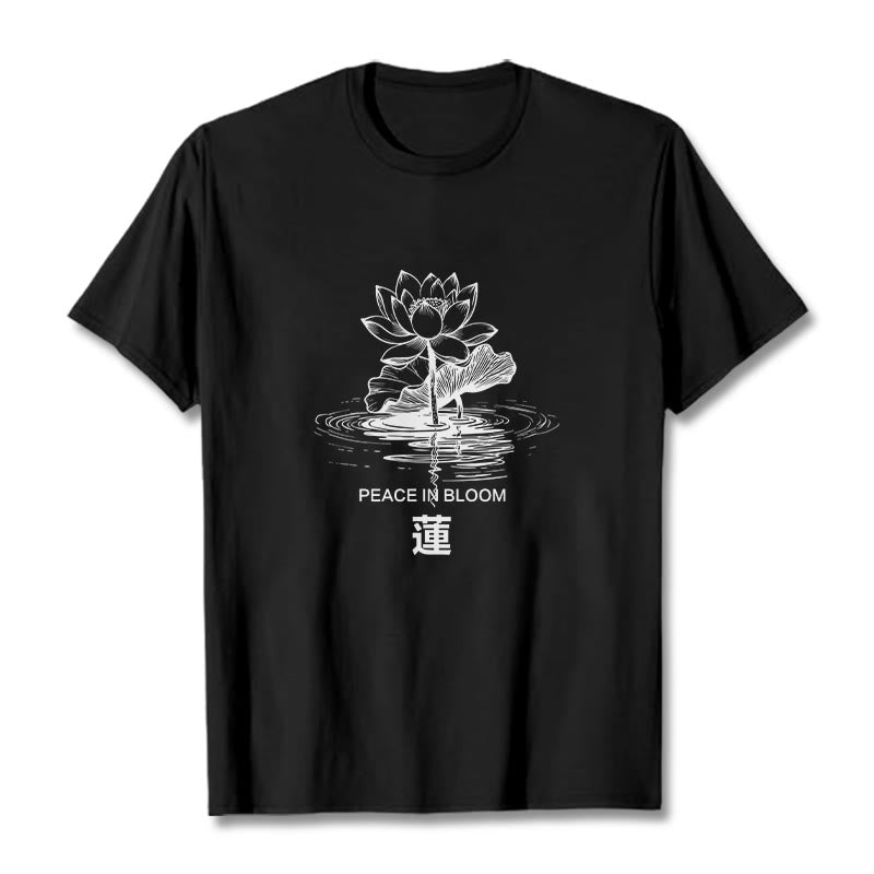 Buddha Stones Lotus Flower Lotus Leaf Ripple Pattern Tee Cotton T-shirt - Black - 2XL - image 0
