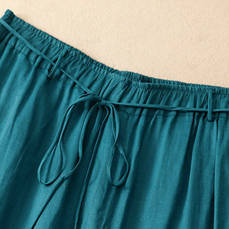 Buddha Stones Simple Design Drawstring Cotton Women's Wide Leg Pants With Pockets - image 1