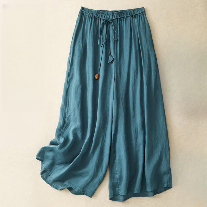 Buddha Stones Simple Design Drawstring Cotton Women's Wide Leg Pants With Pockets - Teal - US8-10，UK/AU12-14，EU40-42 (2XL) - image 0