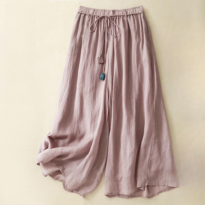 Buddha Stones Simple Design Drawstring Cotton Women's Wide Leg Pants With Pockets - PaleVioletRed - US8-10，UK/AU12-14，EU40-42 (2XL) - image 8