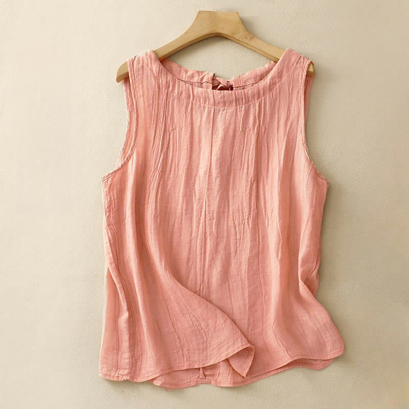 Buddha Stones Summer Pure Color Wrinkle Lace-up Sleeveless Vest Women's Waistcoat - LightSalmon - US8-10，UK/AU12-14，EU40-42 (2XL) - image 0