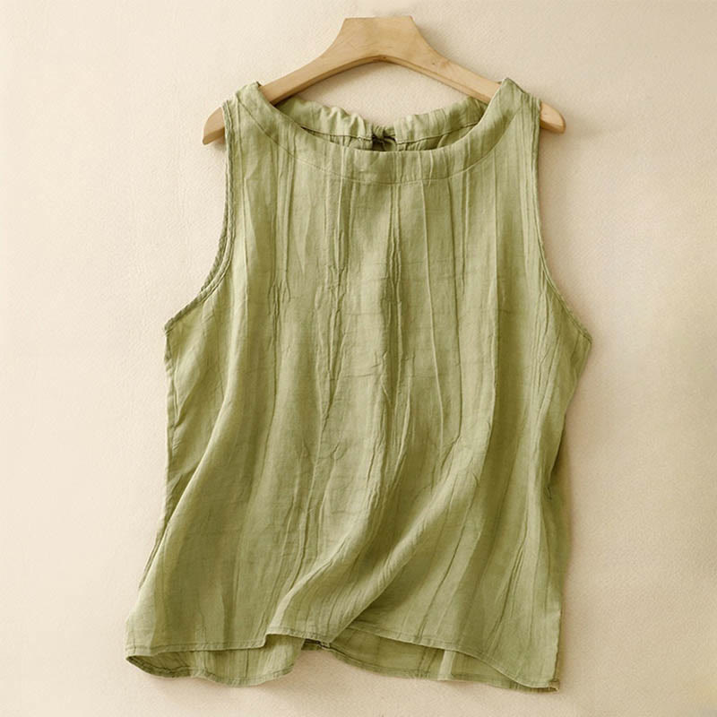Buddha Stones Summer Pure Color Wrinkle Lace-up Sleeveless Vest Women's Waistcoat - PaleGoldenrod - US8-10，UK/AU12-14，EU40-42 (2XL) - image 12