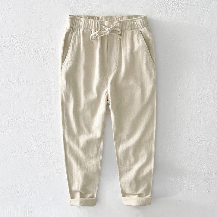 Buddha Stones Casual Solid Color Simple Design Drawstring Ramie Linen Men's Pants With Pockets - LightGoldenrodYellow - US/UK/AU44，EU54 (4XL) - image 0
