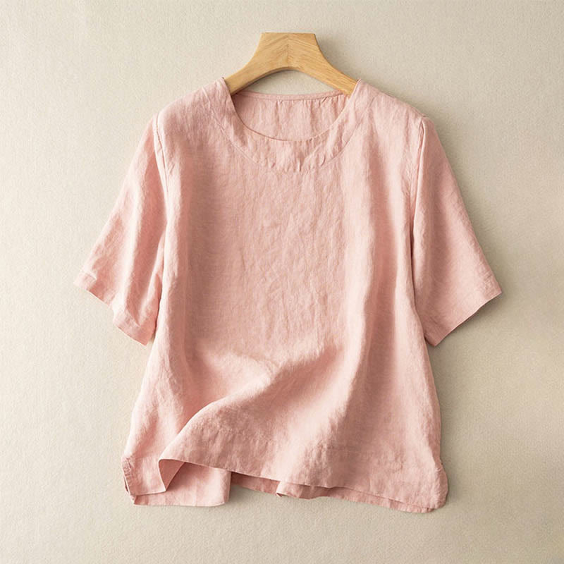 Buddha Stones Simple Plain Short Sleeve Crew Neck Side Slit Cotton Women's T-Shirt - LightPink - US12，UK/AU16，EU44 (3XL) - image 1