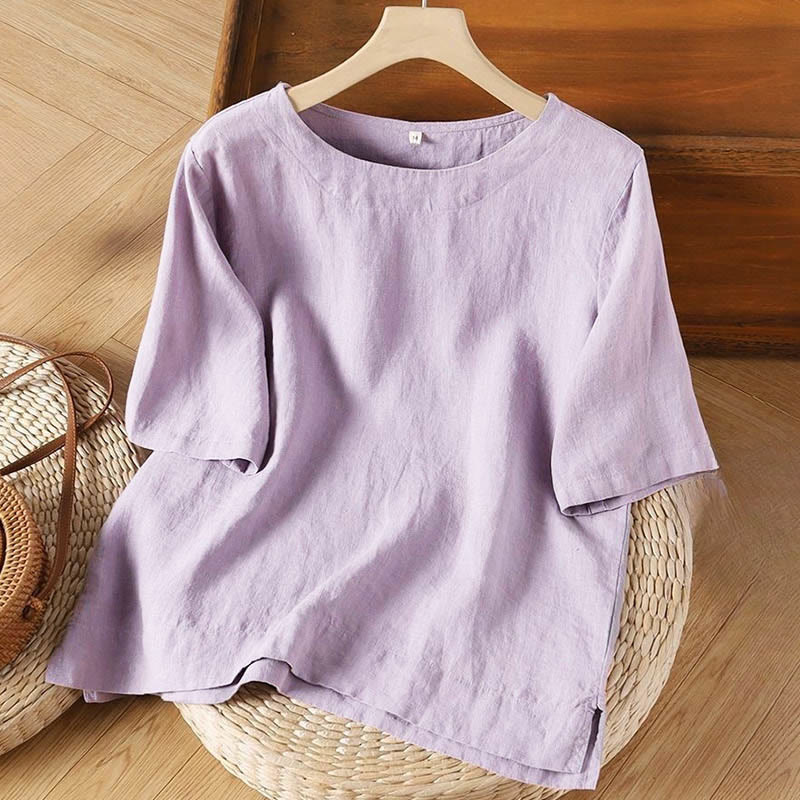 Buddha Stones Simple Plain Short Sleeve Crew Neck Side Slit Cotton Women's T-Shirt - Plum - US12，UK/AU16，EU44 (3XL) - image 0