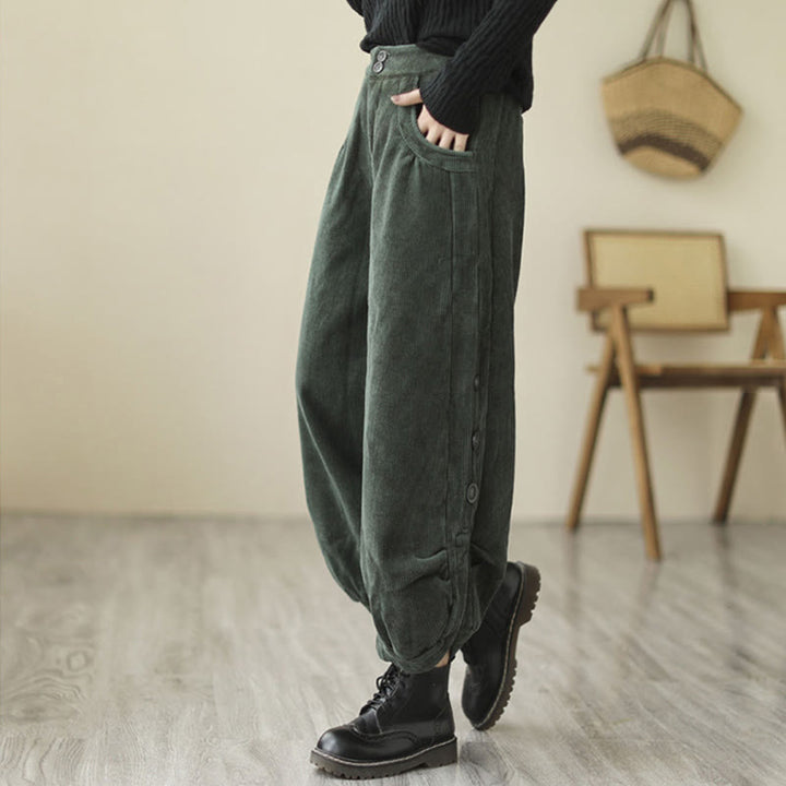 Buddha Stones Casual Buttons Leg Opening Design Women's Cotton Corduroy Pants With Pockets - image 14