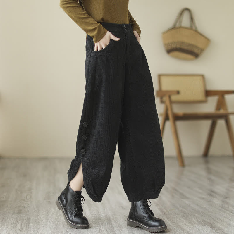 Buddha Stones Casual Buttons Leg Opening Design Women's Cotton Corduroy Pants With Pockets - Black - US8-10，UK/AU12-14，EU40-42 (2XL) - image 9