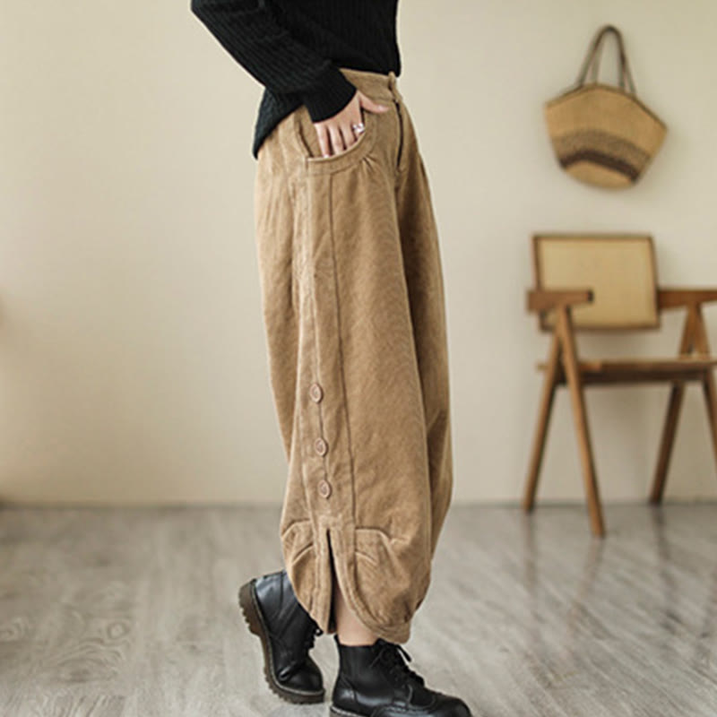 Buddha Stones Casual Buttons Leg Opening Design Women's Cotton Corduroy Pants With Pockets - image 3