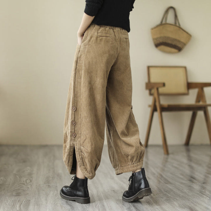 Buddha Stones Casual Buttons Leg Opening Design Women's Cotton Corduroy Pants With Pockets - image 2