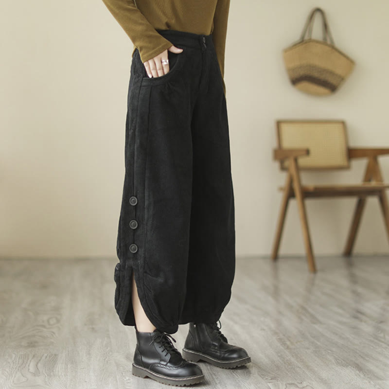 Buddha Stones Casual Buttons Leg Opening Design Women's Cotton Corduroy Pants With Pockets - image 12