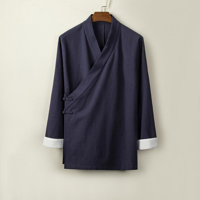Buddha Stones Chinese Frog-Buttons Long Sleeve Design Open Front Jacket Men's Cotton Linen Kimono - MidnightBlue - US/UK/AU44，EU54 (4XL) - image 6
