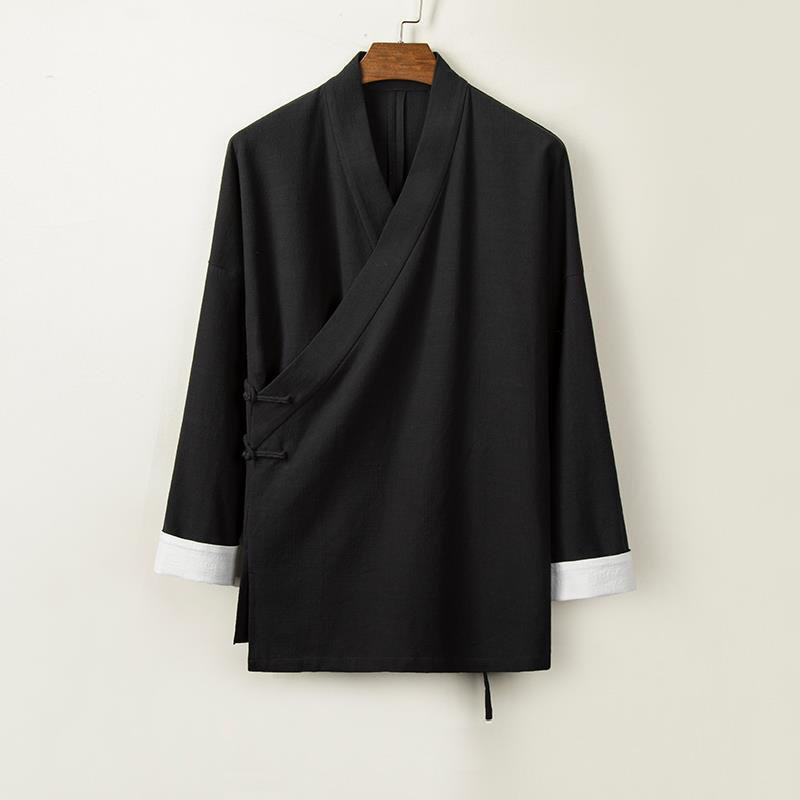 Buddha Stones Chinese Frog-Buttons Long Sleeve Design Open Front Jacket Men's Cotton Linen Kimono - Black - US/UK/AU44，EU54 (4XL) - image 2