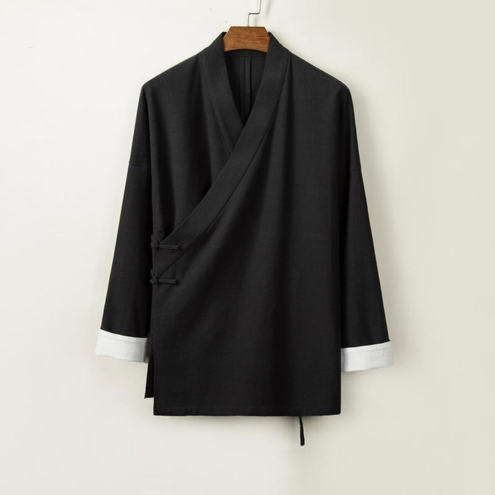 Buddha Stones Chinese Frog-Buttons Long Sleeve Design Open Front Jacket Men's Cotton Linen Kimono - Black - US/UK/AU44，EU54 (4XL) - image 2