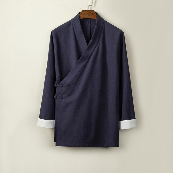 Buddha Stones Chinese Frog-Buttons Long Sleeve Design Open Front Jacket Men's Cotton Linen Kimono - MidnightBlue - US/UK/AU44，EU54 (4XL) - image 6